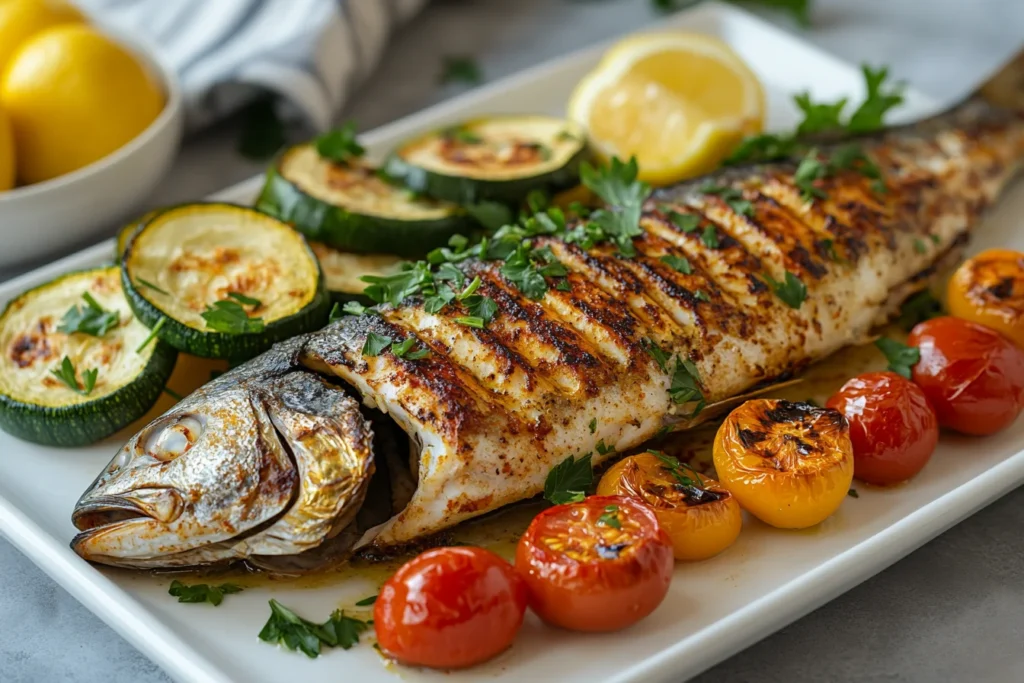 A plated whole branzino with roasted vegetables and lemon slices