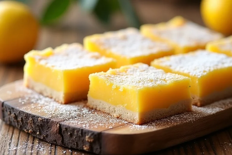 Perfect lemon bar crust with buttery layers and tangy lemon filling on a rustic platter