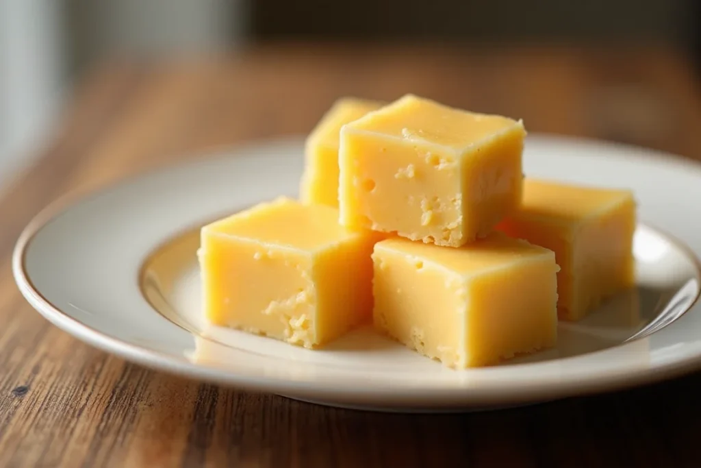 A plate of freshly baked cream cheese bars on a wooden table
Title: Freshly Baked Cream Cheese Bars