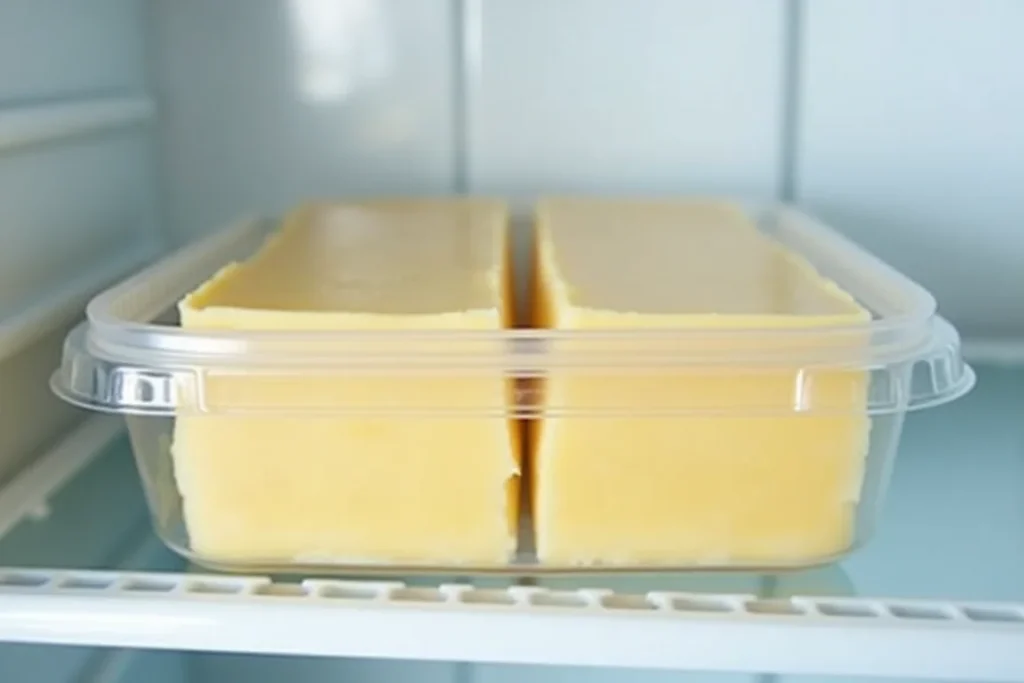 Cream cheese bars stored in an airtight container in a refrigerator