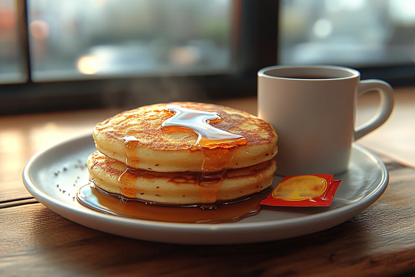 A plate of fluffy pancakes served with syrup and coffee at a fast-food restaurant