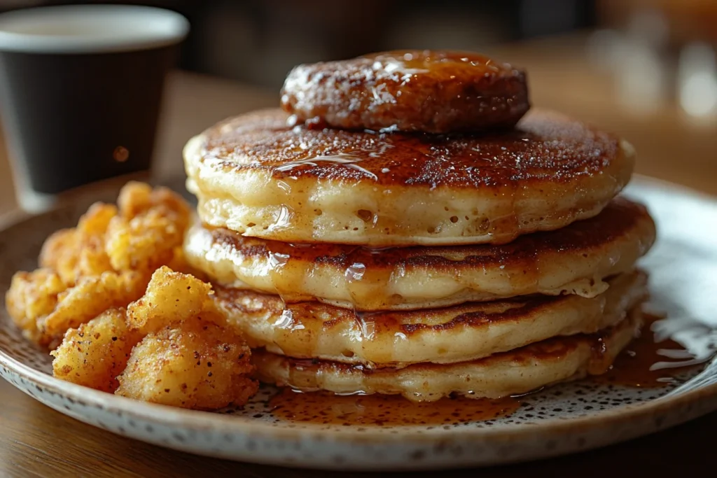 Pancakes paired with hash browns and sausage on a breakfast plate