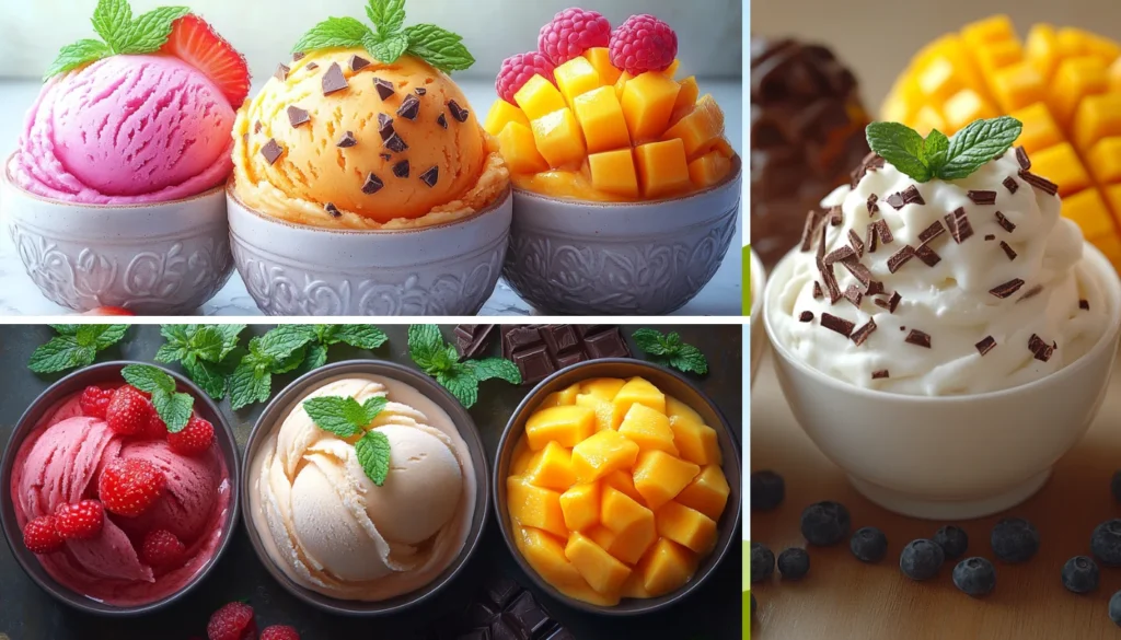 Bowls of vanilla ice cream, chocolate sorbet, and mango gelato