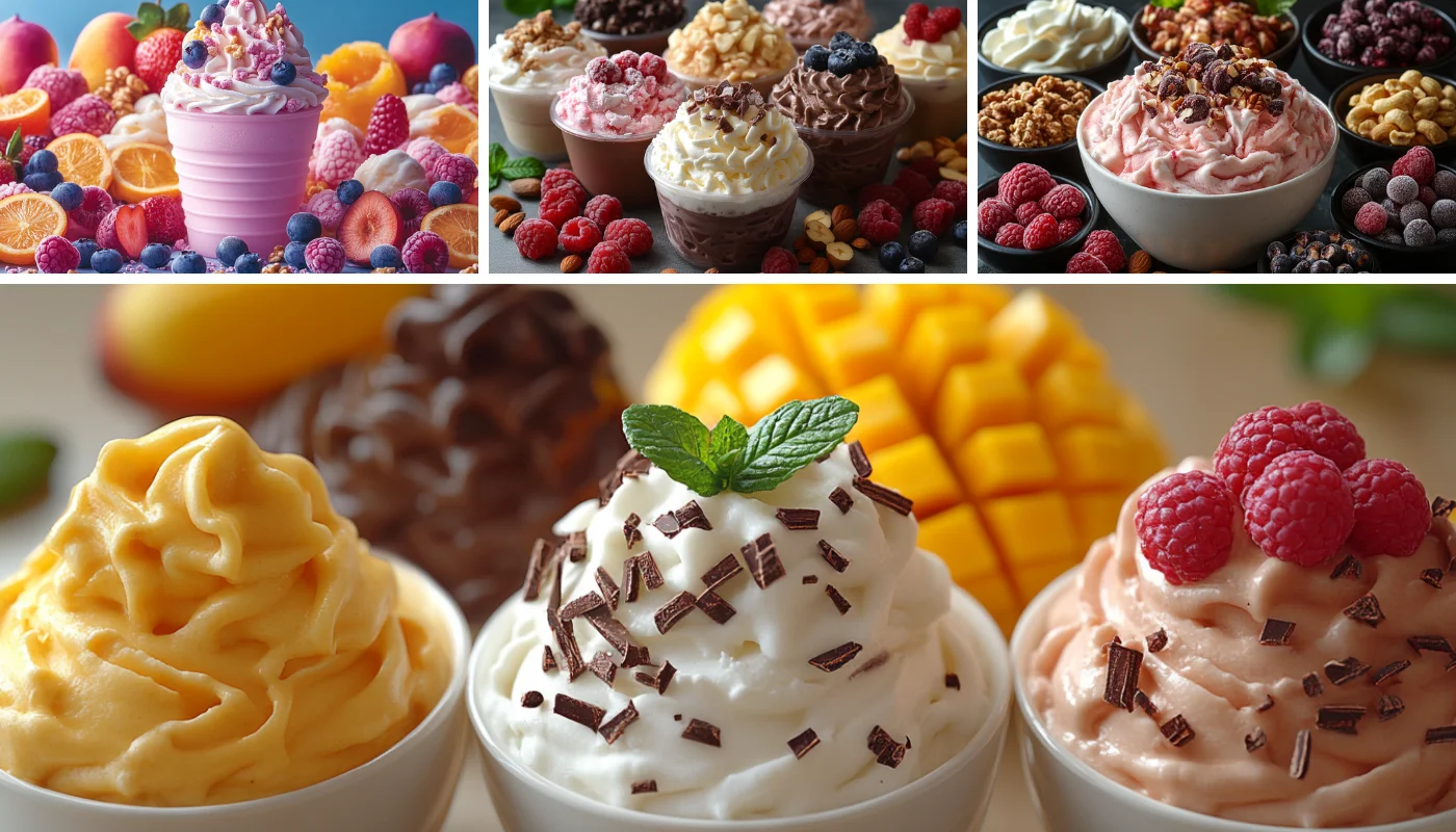 A colorful assortment of frozen desserts and fresh fruits, showcasing vibrant ice creams, sorbets, and toppings, emphasizing creativity and variety