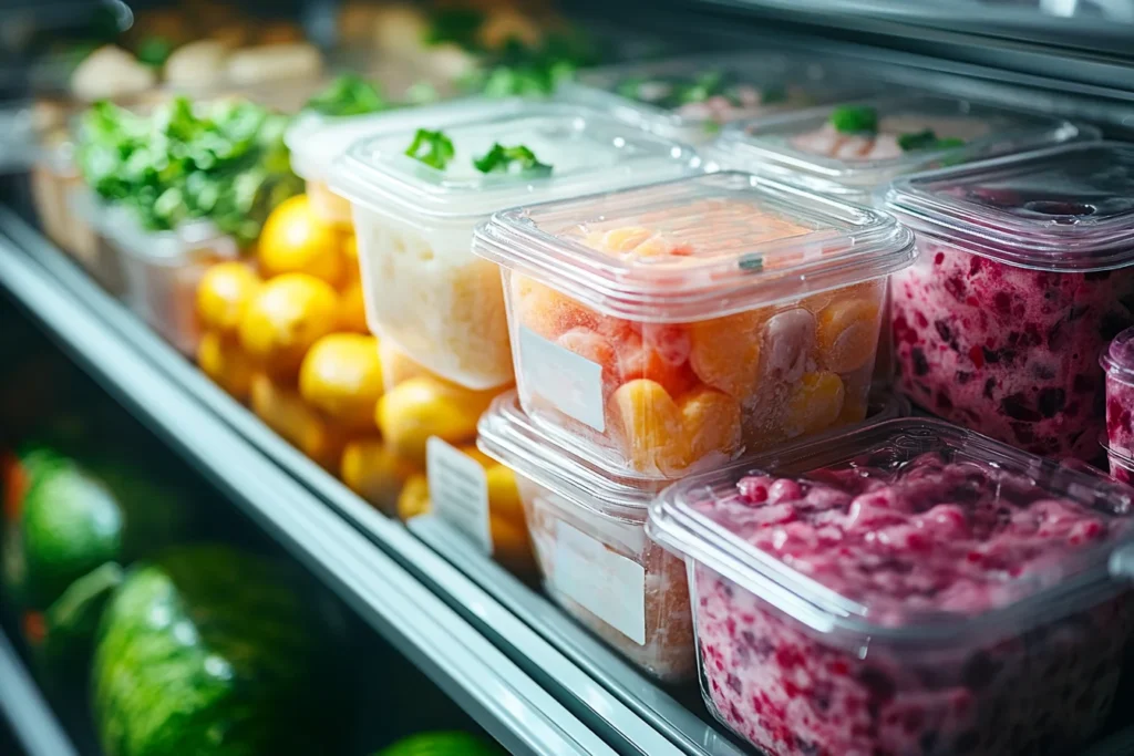 A freezer interior showing a Ninja Creami container placed on a shelf