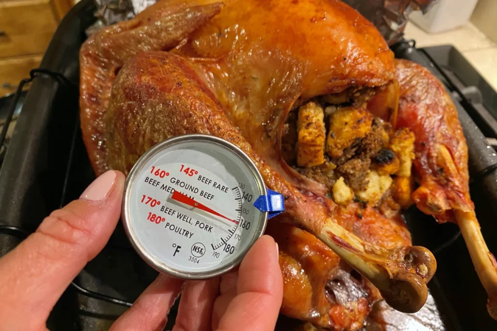 A meat thermometer showing the internal temperature of a cooked poultry dish