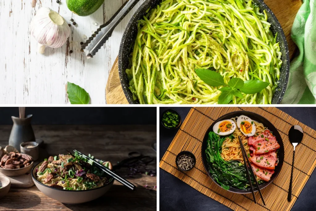 A variety of keto noodle dishes showcasing low-carb meal options