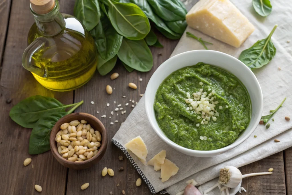 Fresh spinach pesto in a bowl with ingredients around it