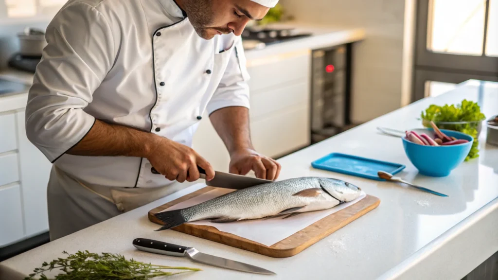 A chef preparing a whole Branzino fish in a professional kitchen