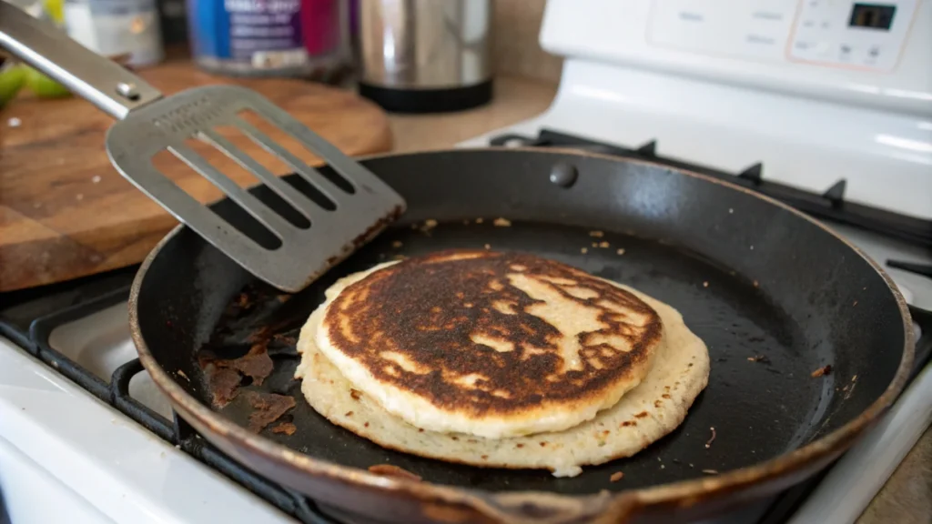 Pancakes cooked unevenly on a skillet