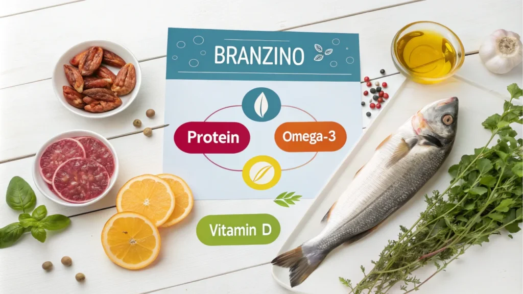 Nutrition chart highlighting protein, omega-3, and vitamin D content in seafood