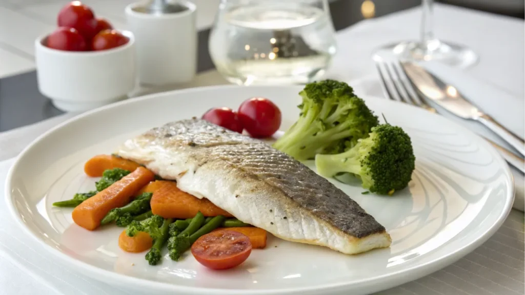 A fillet of cooked Branzino served with steamed vegetables