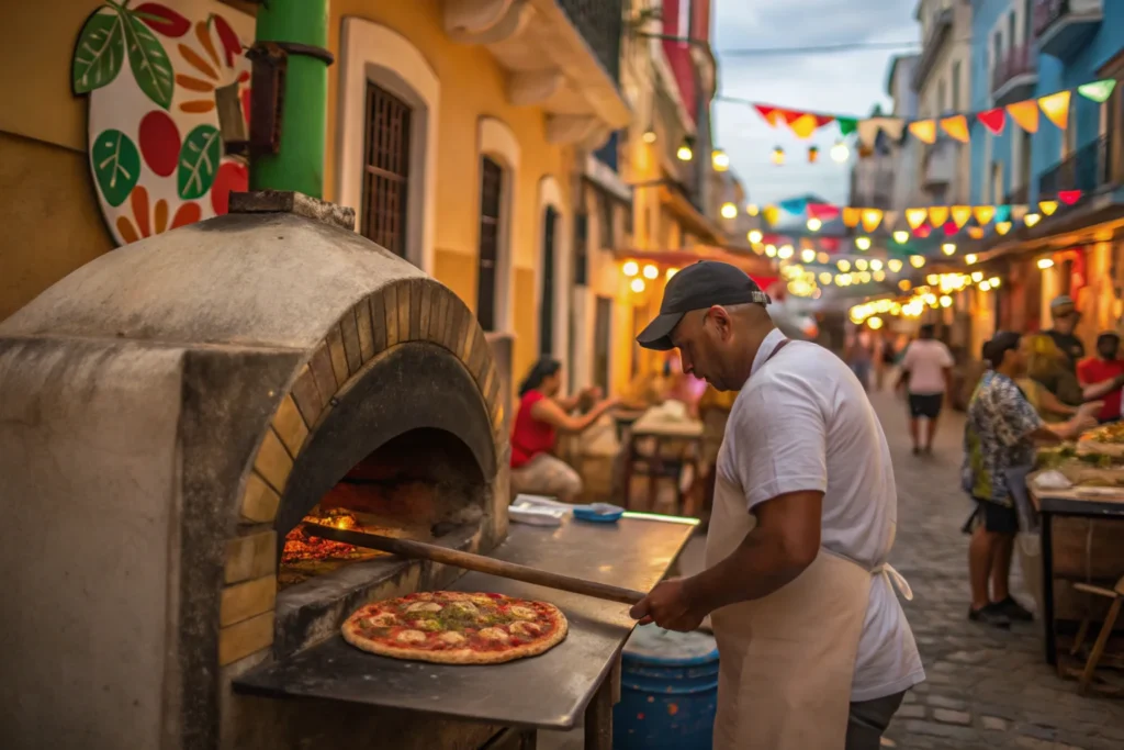 A Cuban street vendor baking pizza in a rustic oven