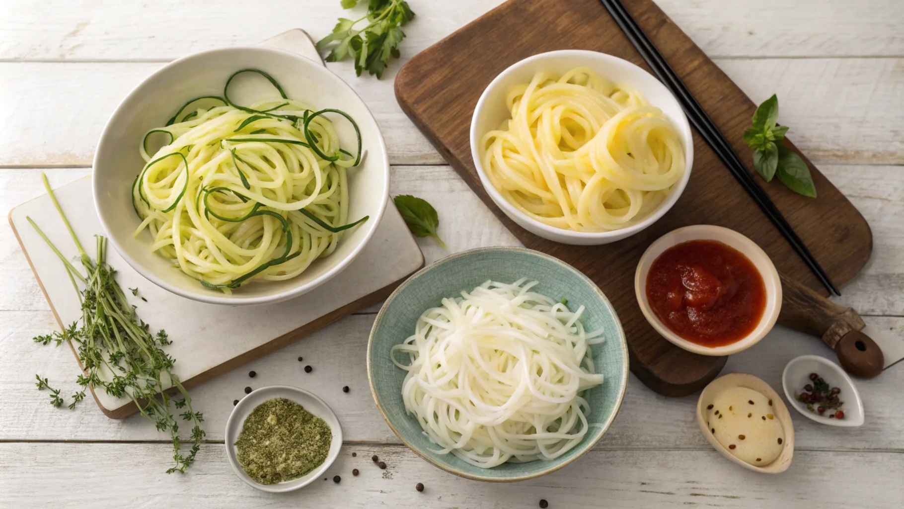 Zucchini noodles, shirataki noodles, and low-carb vegetable-based pasta displayed in bowls with herbs and sauces