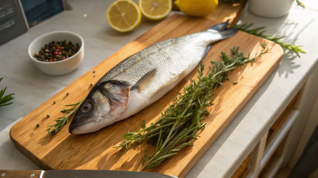 Fresh branzino fish on a wooden cutting board with herbs and lemon slices