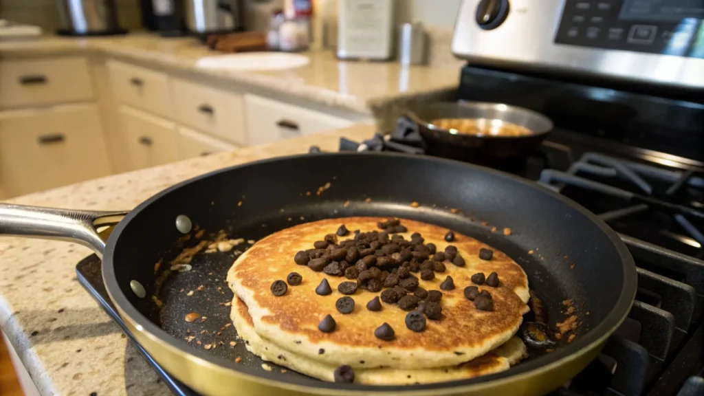 Burnt chocolate chips on a pancake in a frying pan