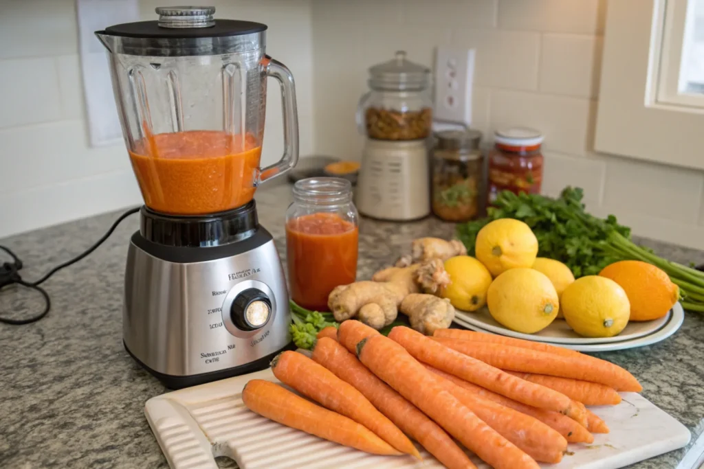 Freshly made carrot juice in a blender with carrots and lemons nearby