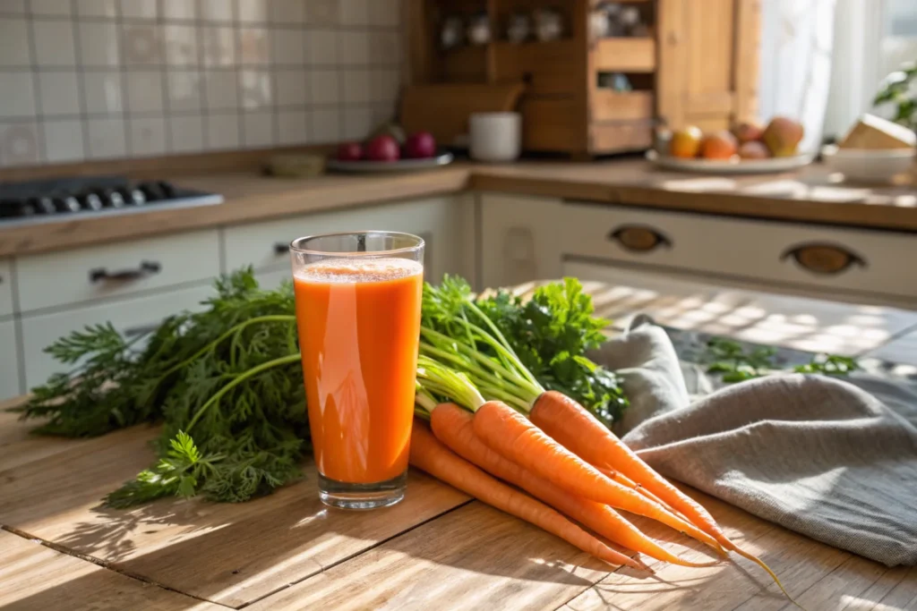 A glass of fresh carrot juice on a wooden table with whole carrots beside it