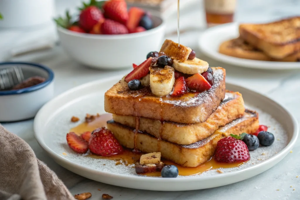 A stack of perfectly cooked French toast with fresh fruit and syrup