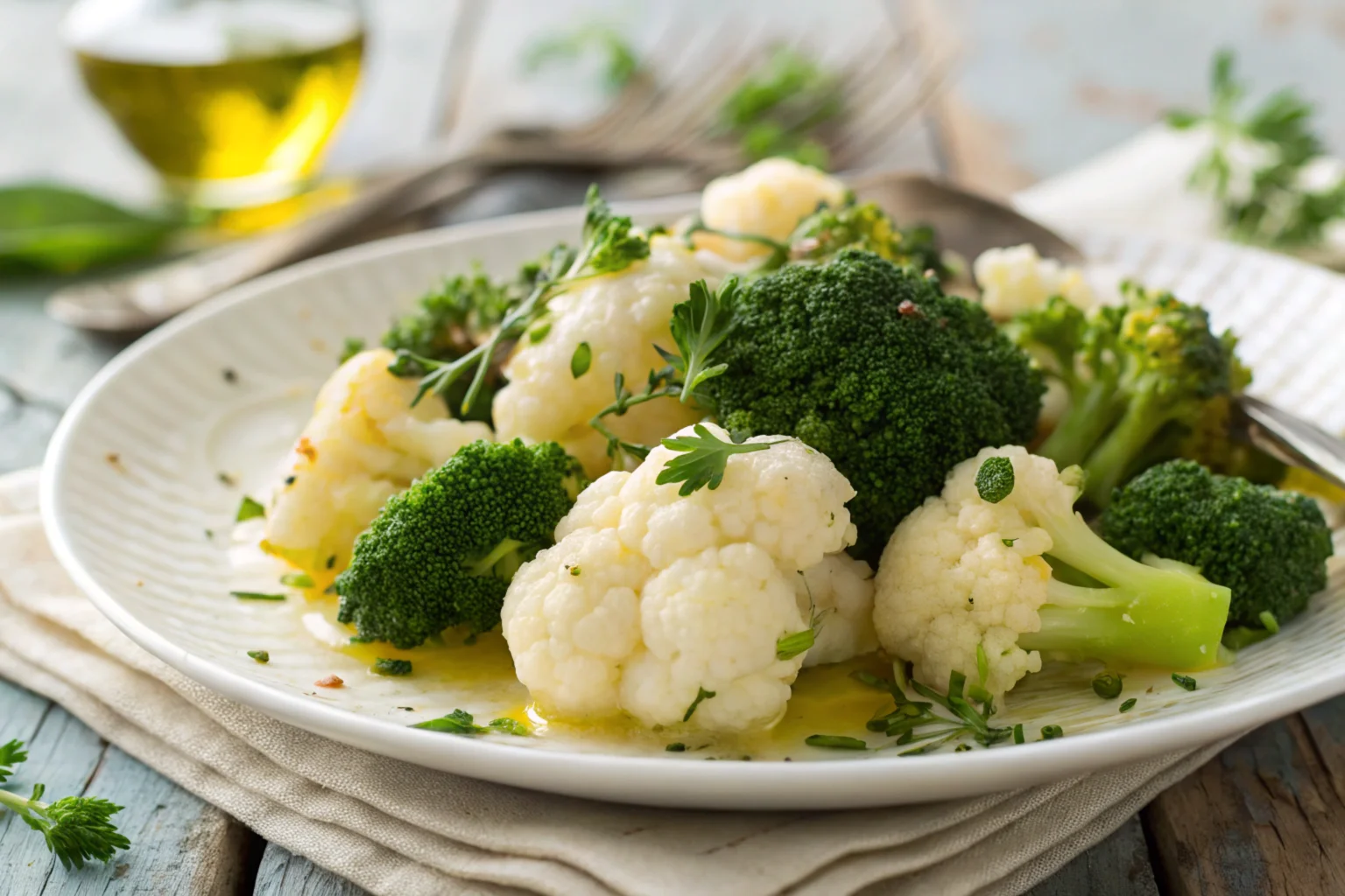 Steamed broccoli and cauliflower on a rustic plate