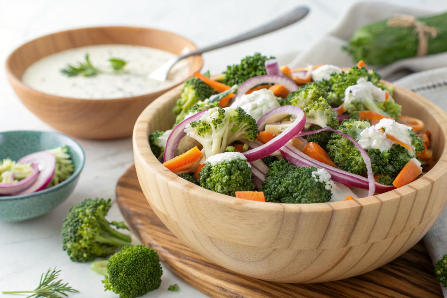 Fresh raw broccoli salad with carrots, onions, and yogurt dressing in a wooden bowl