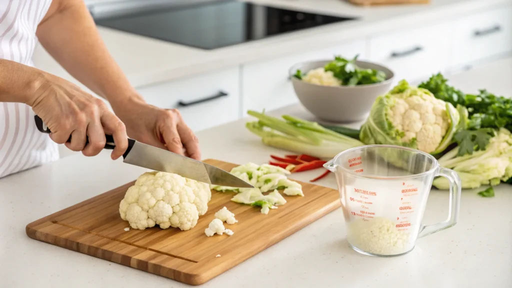 A preparation scene with someone slicing cauliflower and measuring almond flour for a keto-friendly recipe