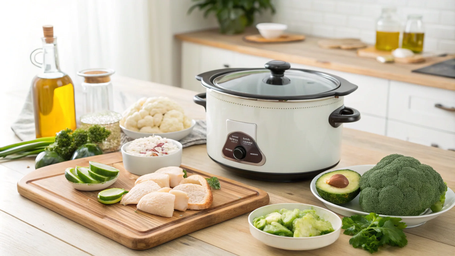 A rustic crockpot on a wooden kitchen counter, surrounded by fresh keto-friendly ingredients like chicken, cauliflower, spinach, and avocado oil