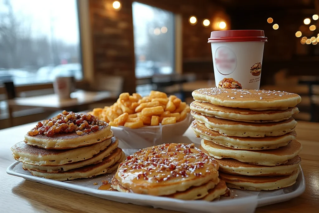 A variety of breakfast items, including pancakes, hash browns, and a breakfast sandwich