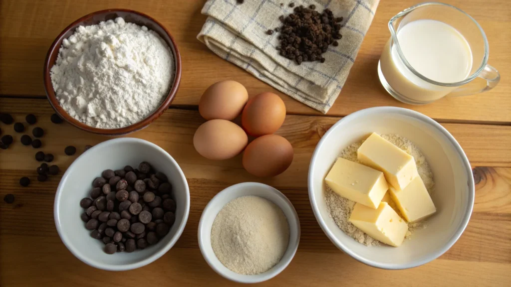 Pancake ingredients arranged on a kitchen counter