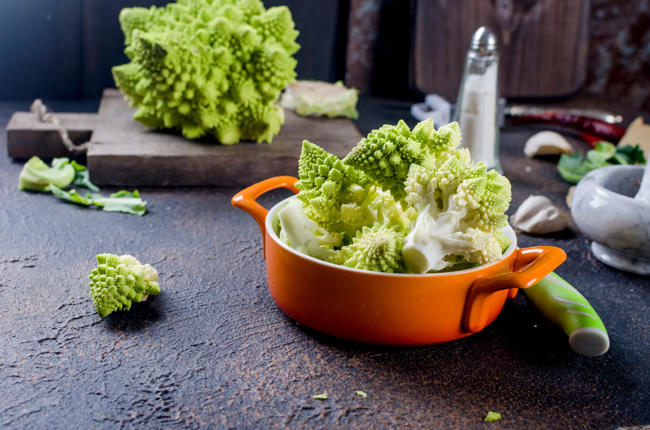 Close-up of Romanesco broccoli showing its bright green fractal patterns