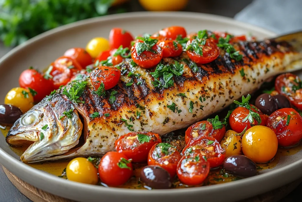 Mediterranean-style branzino with cherry tomatoes and olives