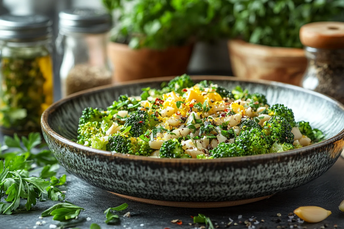 Plated roasted broccoli with garlic and lemon