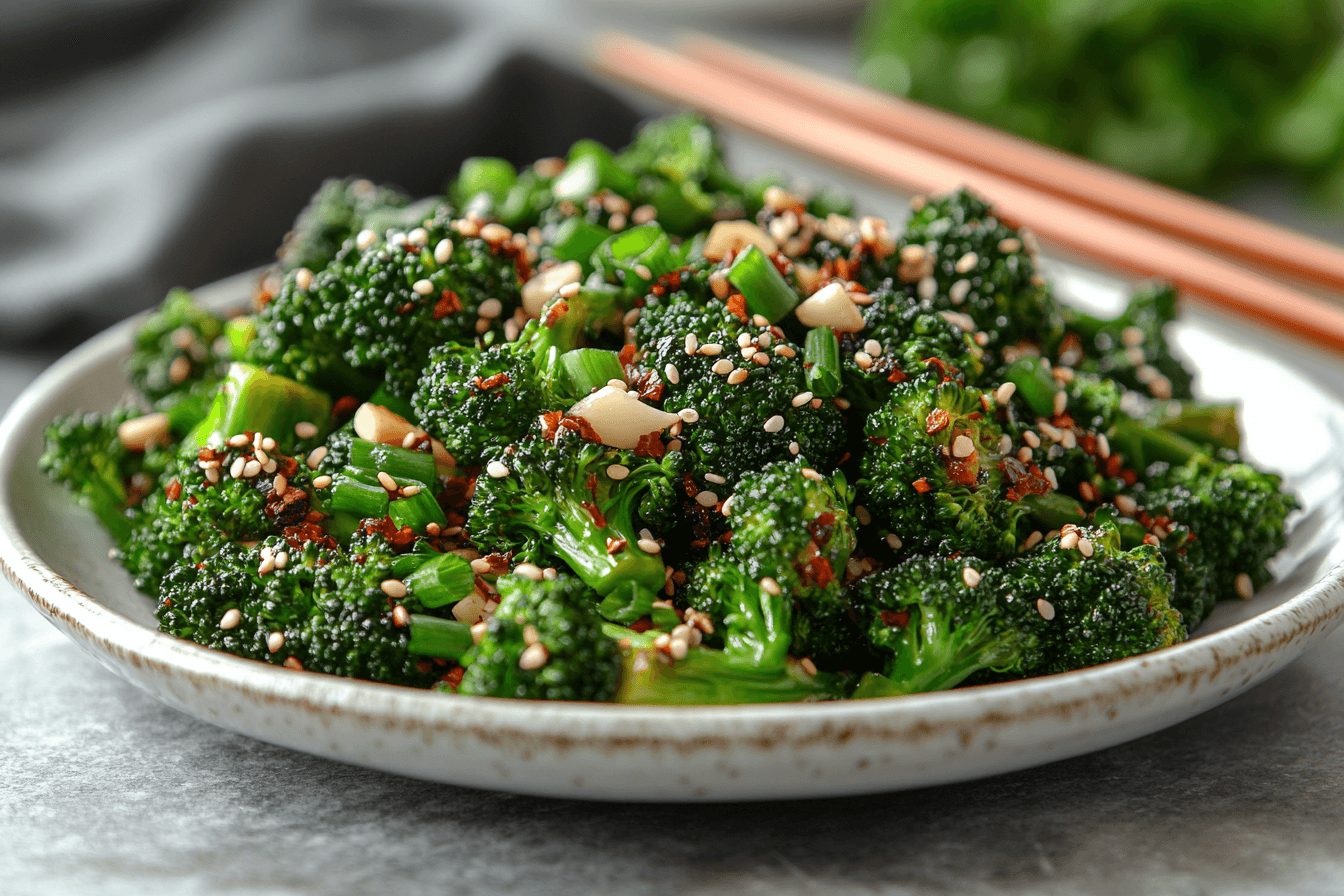 Stir-fried Asian broccoli garnished with sesame seeds