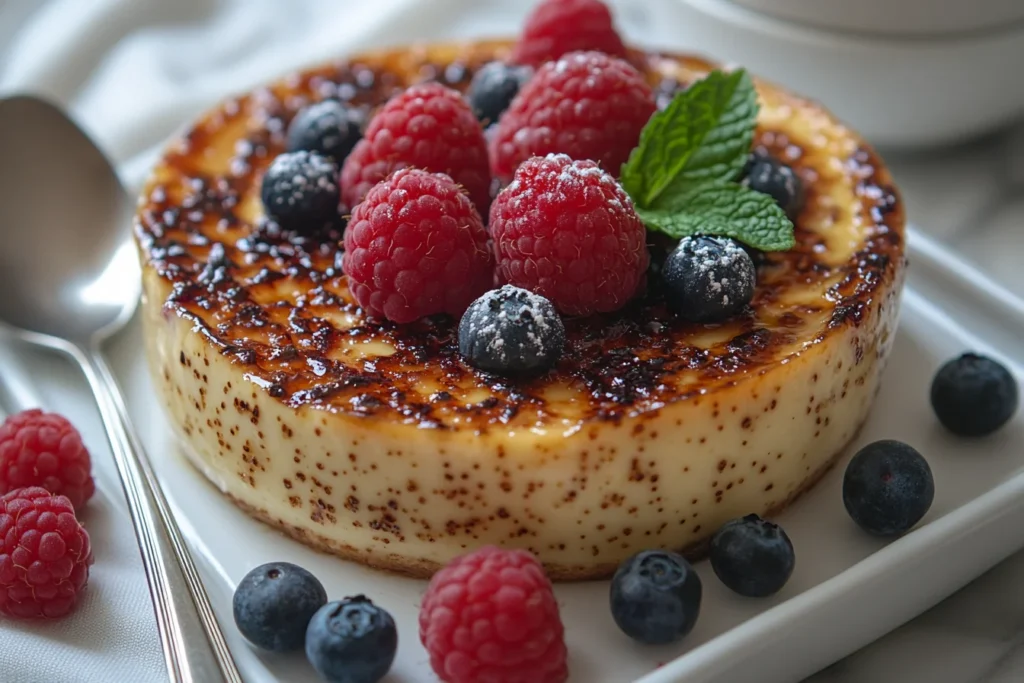 A plated crème brûlée with fresh berries and mint garnish, served with a spoon