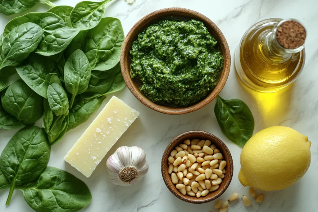 Spinach pesto ingredients arranged on a table