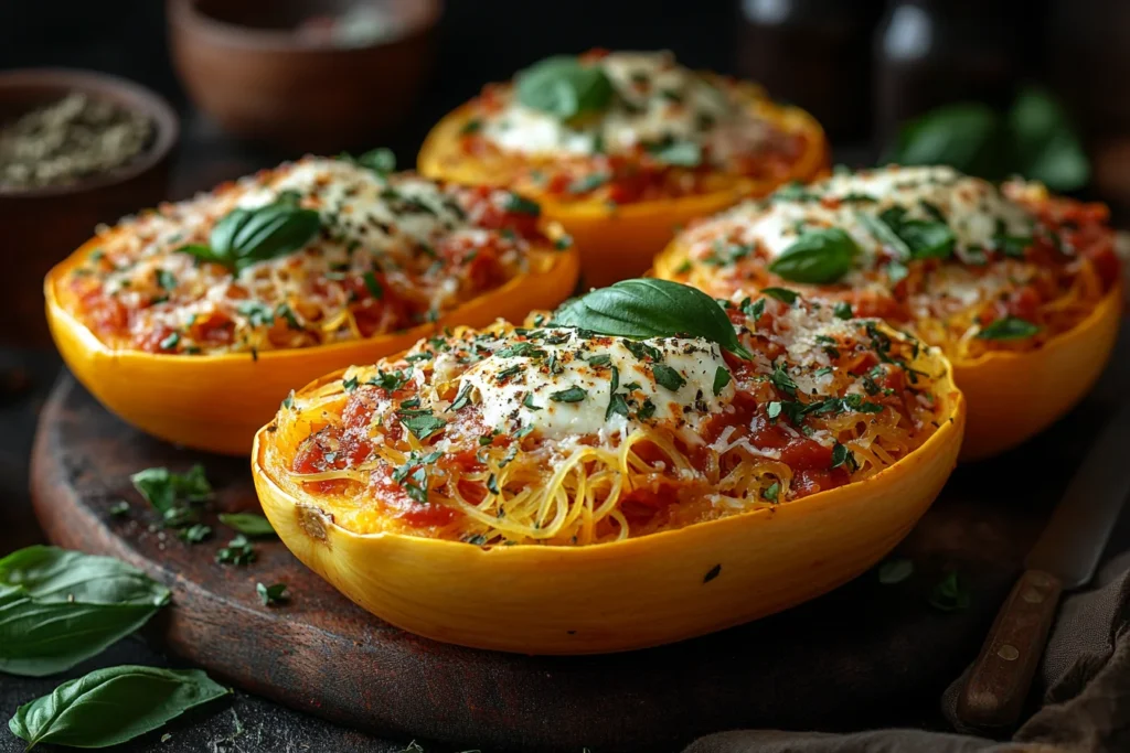 Spaghetti squash strands topped with marinara sauce and melted cheese