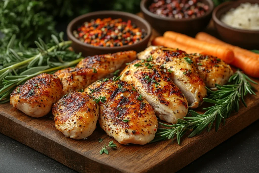 Different chicken cuts displayed on a cutting board with vegetables and herbs