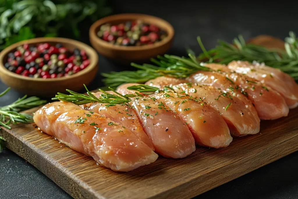 A variety of chicken cuts displayed on a wooden board