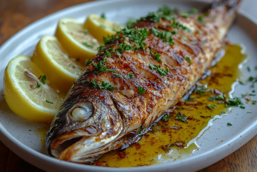 A freshly prepared branzino on a plate with herbs and lemon