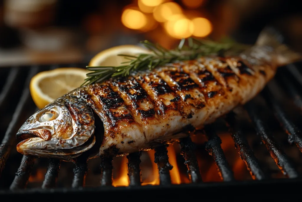 Grilled branzino fish on a barbecue with herbs and lemon slices