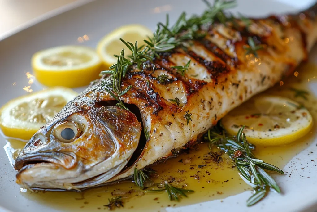 A whole roasted fish garnished with herbs and lemon