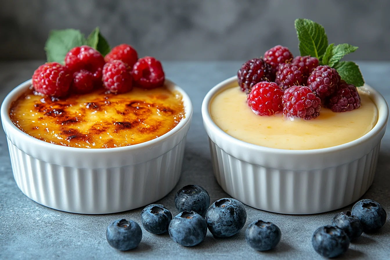 A close-up of crème brûlée with a caramelized crust next to a simple creamy custard