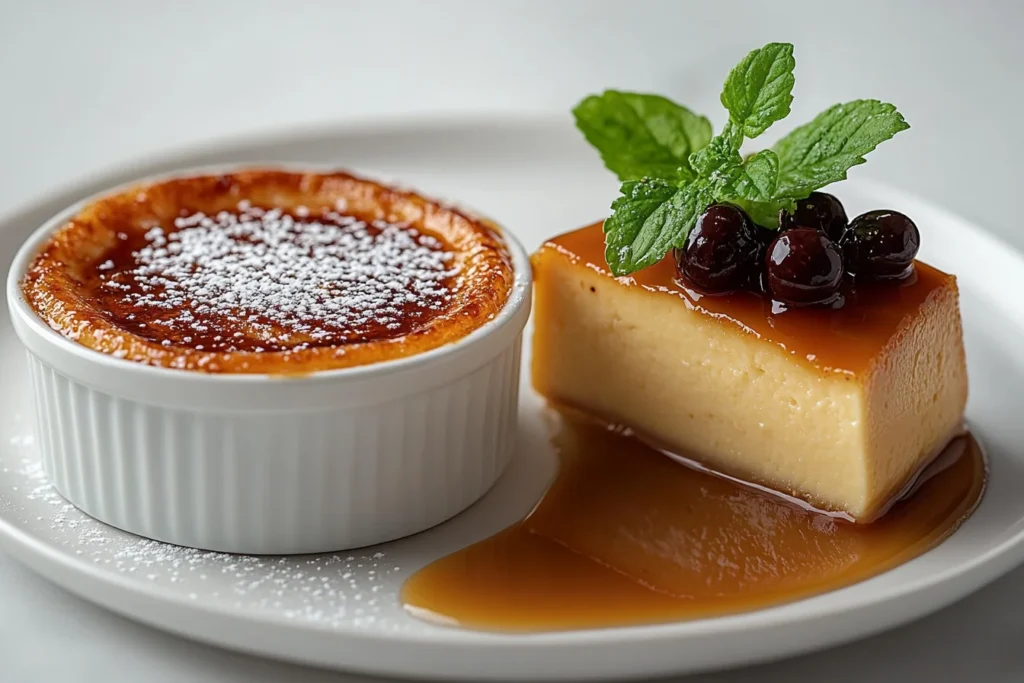 Crème brûlée vs. custard comparison showing a crème brûlée with caramelized crust and a flan with caramel sauce on a white plate