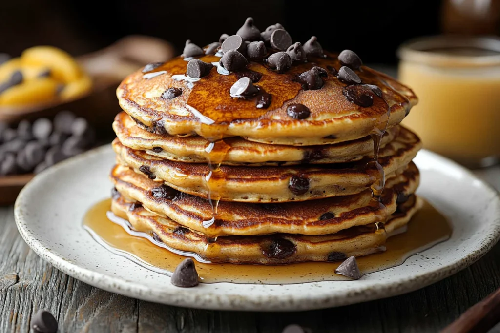 Stack of chocolate chip pancakes with melted chocolate