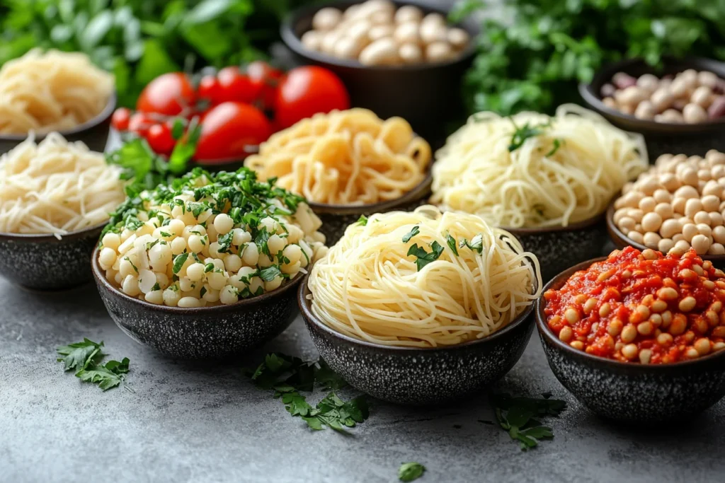 A variety of low-carb pasta options in bowls, including shirataki noodles, zucchini noodles, and chickpea pasta, garnished with fresh herbs