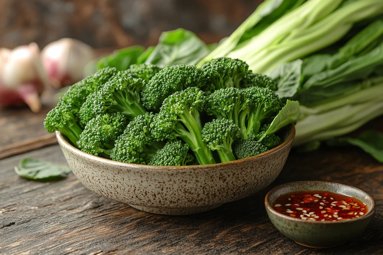 Fresh Chinese broccoli on a rustic wooden table with dipping sauce