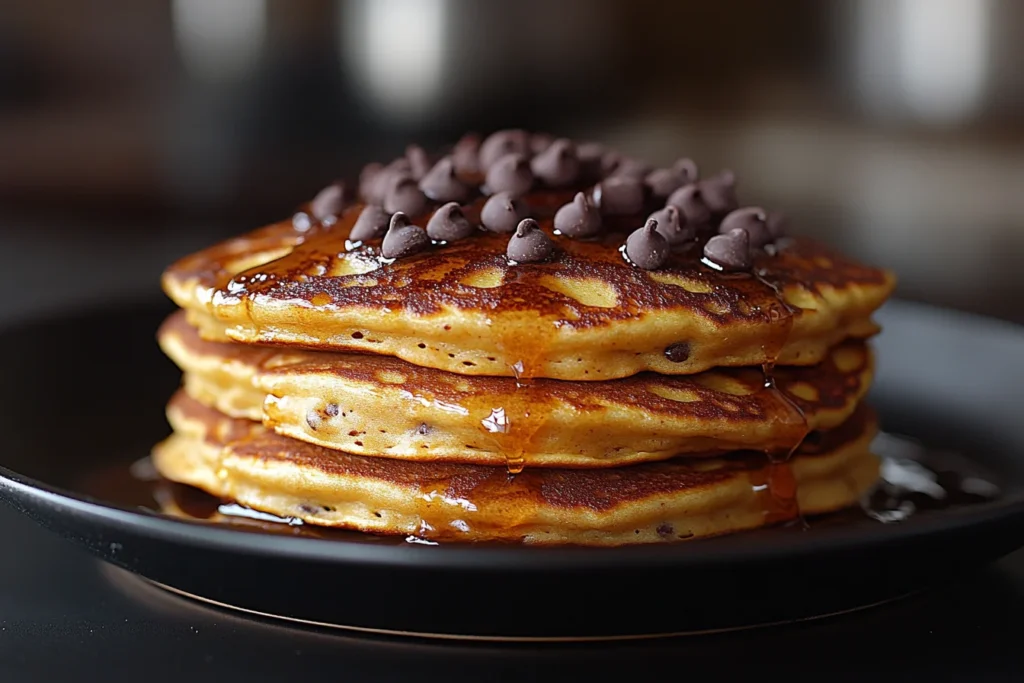 Pancakes being cooked with evenly distributed chocolate chips