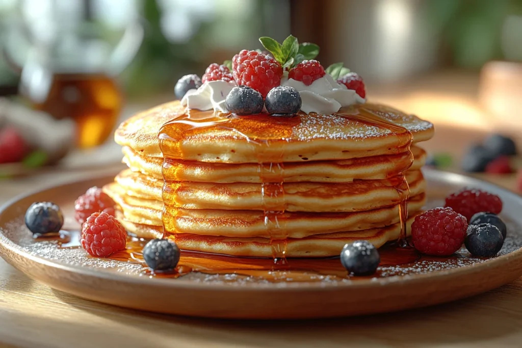 Pancakes with creative toppings on a breakfast table