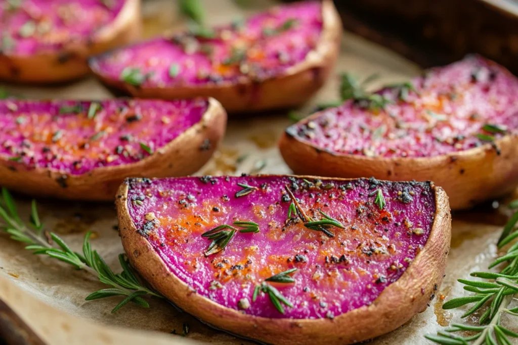 Roasted purple sweet potato wedges with herbs