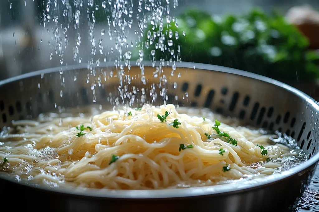 Shirataki noodles being rinsed in a colander